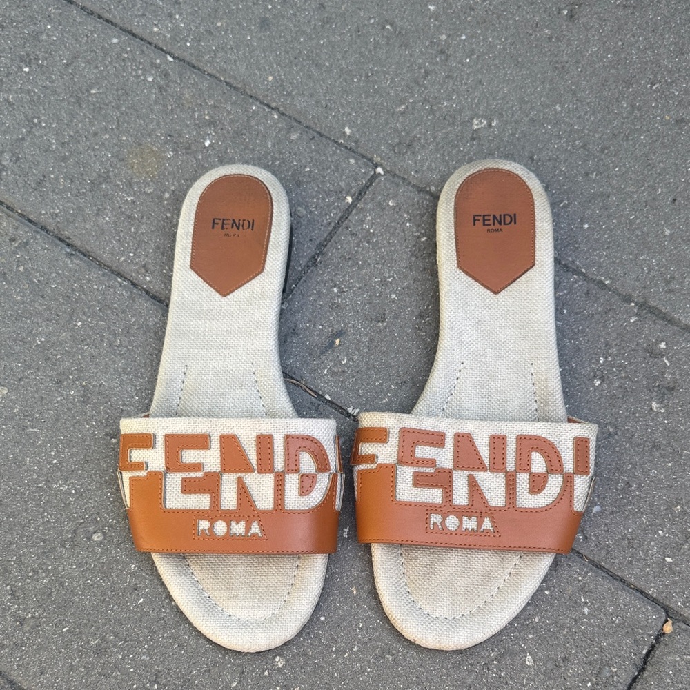 Fendi Tan and Cream Logo Slides